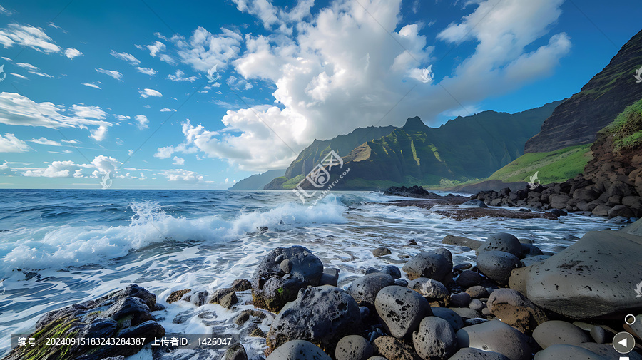 海邊巖石海岸線與翠綠山脈