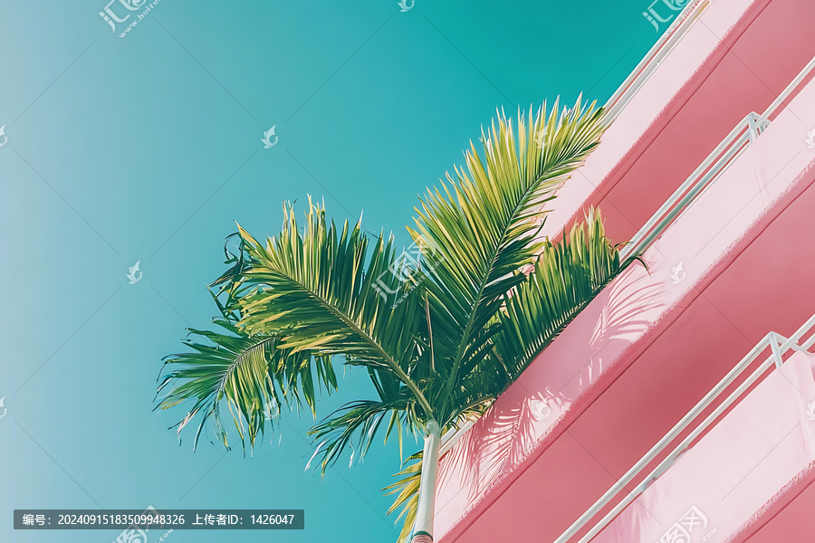 粉紅色建筑物與藍(lán)色天空下的棕櫚樹葉