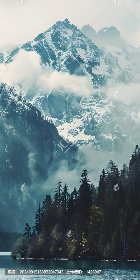 云霧繚繞雪山湖泊風(fēng)景