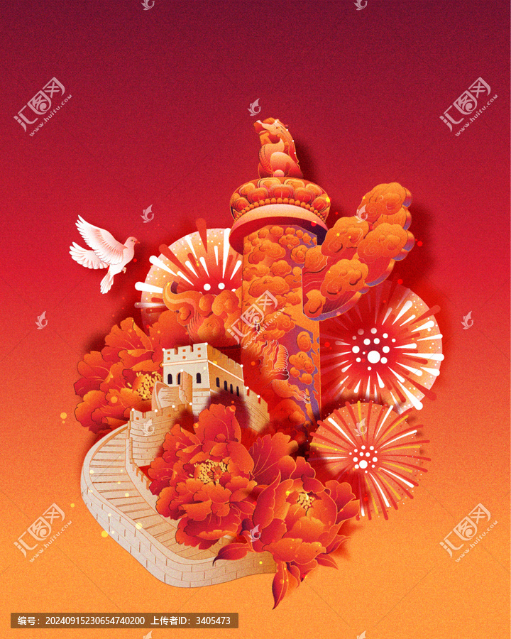 煙花下的長(zhǎng)城華表柱矢量插畫(huà)