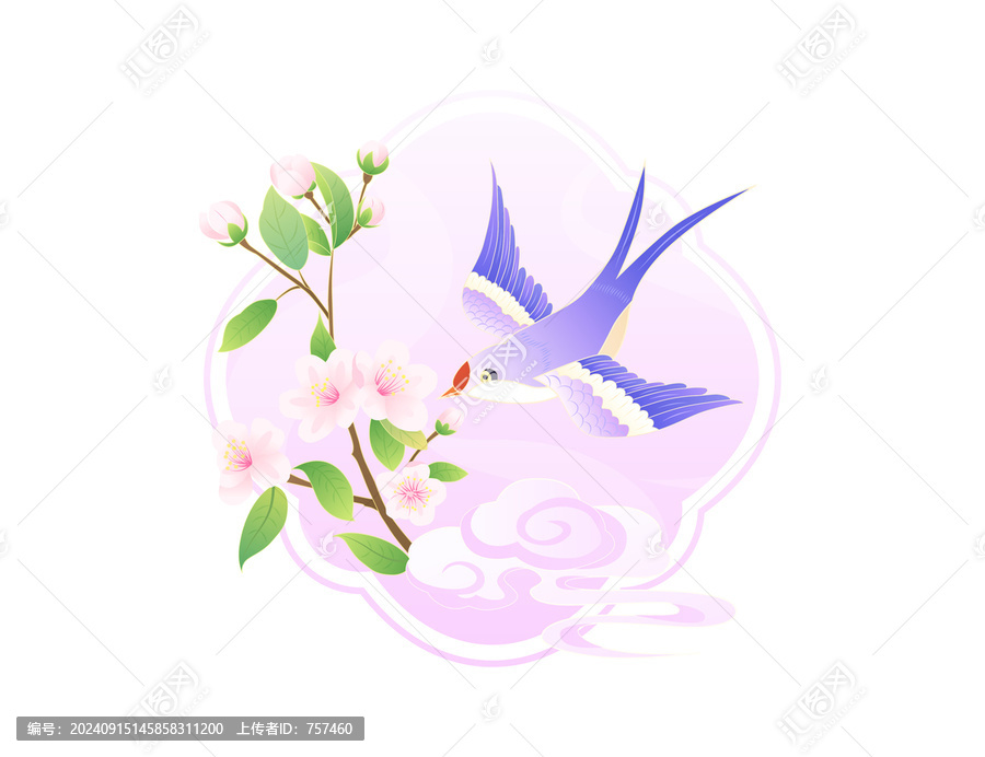 桃花喜鵲和祥云扁平矢量插畫(huà)