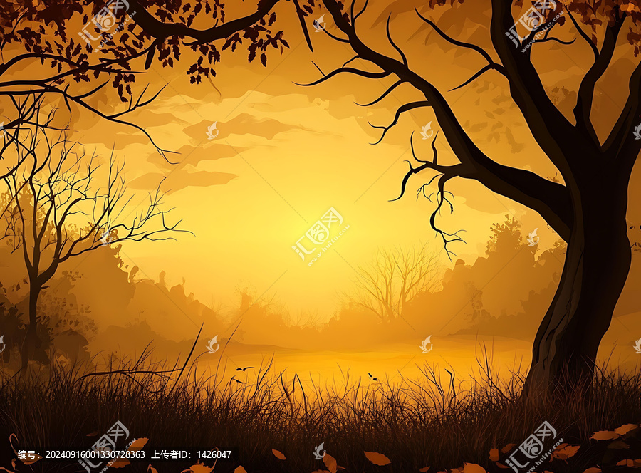 秋日黃昏樹林落葉背景