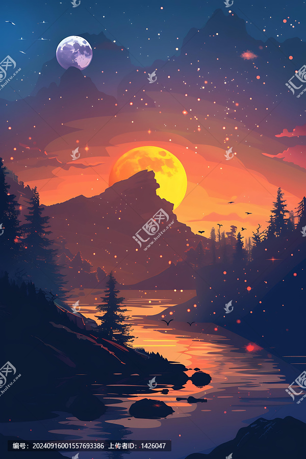 月夜山峰倒影