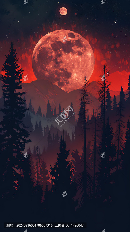 紅色月亮下的森林剪影