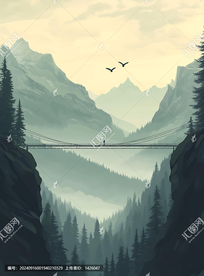 薄霧山谷中的懸索橋