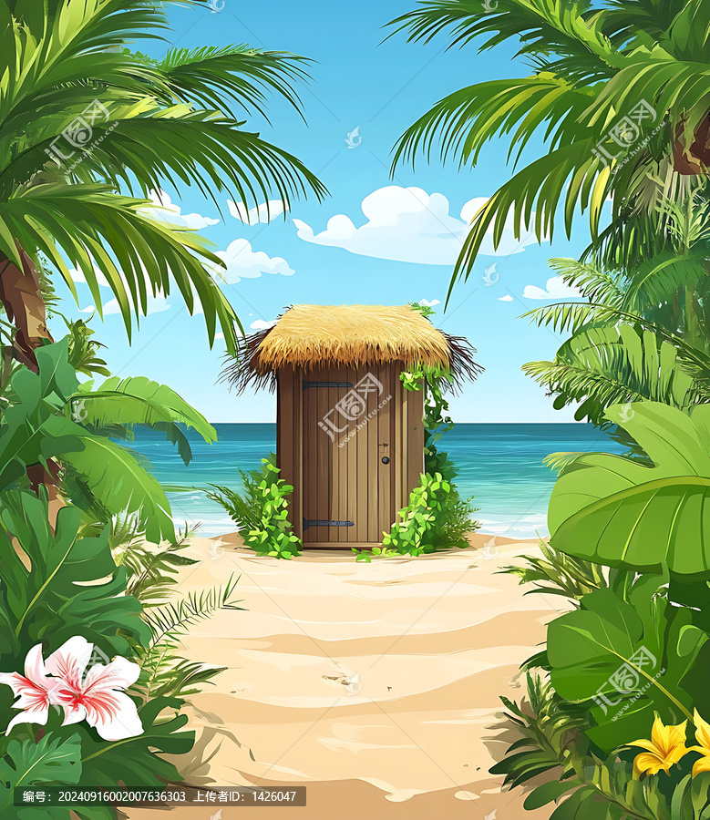 熱帶海灘小屋棕櫚樹