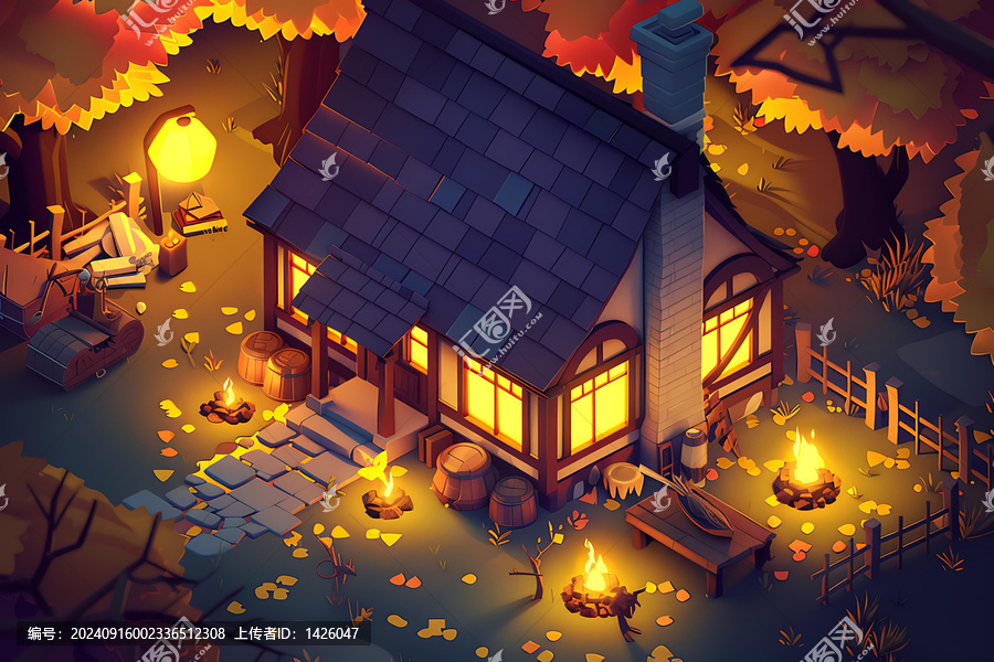 秋夜溫馨小屋，暖光與篝火