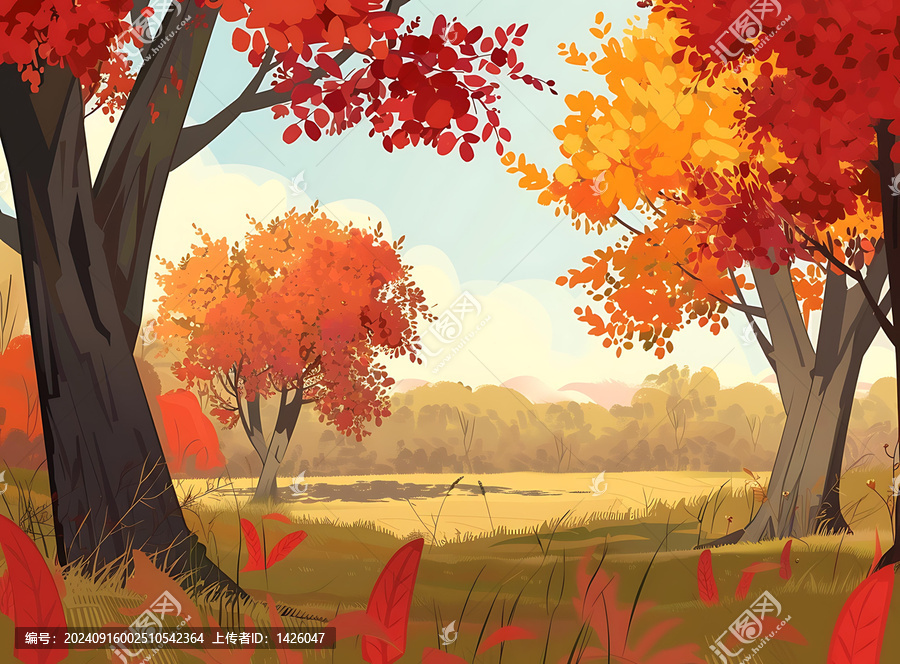 秋天紅橙樹木景觀