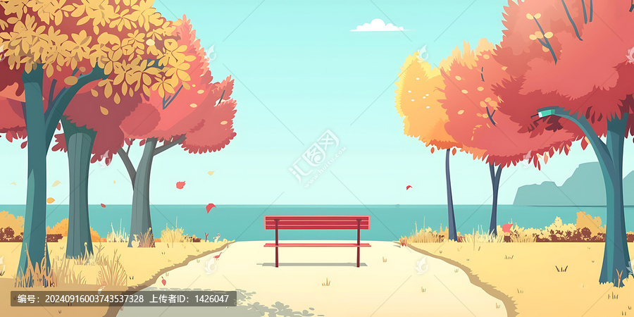 秋天的公園景觀，紅色的木制長凳