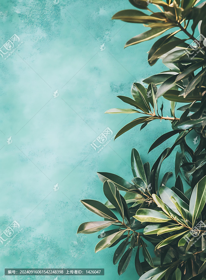 綠色葉子在蒂芙尼藍(lán)墻背景上