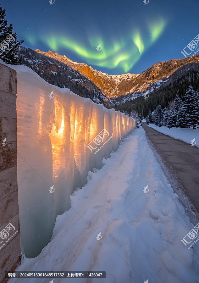 冰雪路旁的北極光