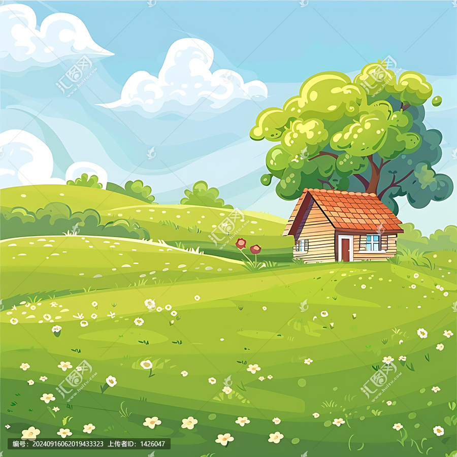 綠草花朵上的卡通小屋