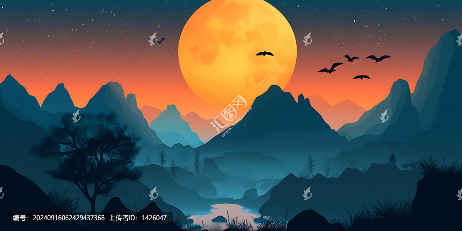 夜晚星空下山巒剪影與圓月
