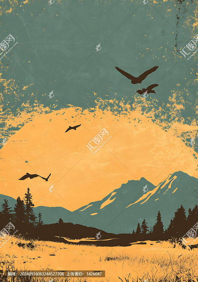 復(fù)古風(fēng)格的山脈景觀與飛翔的鳥兒