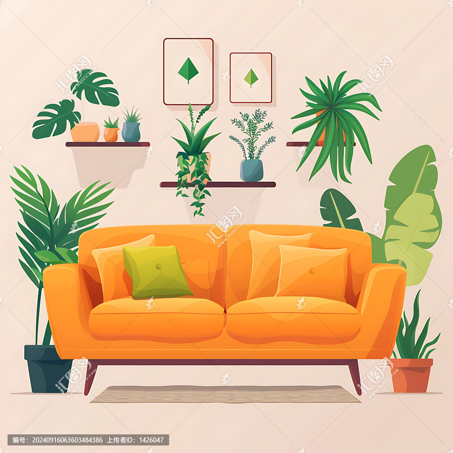 現(xiàn)代客廳黃色沙發(fā)與綠植裝飾