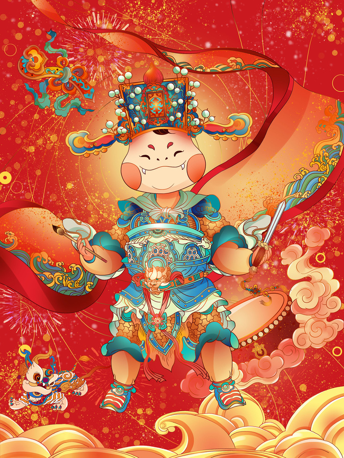 蛇年生肖卡通文武全才畫卷插畫