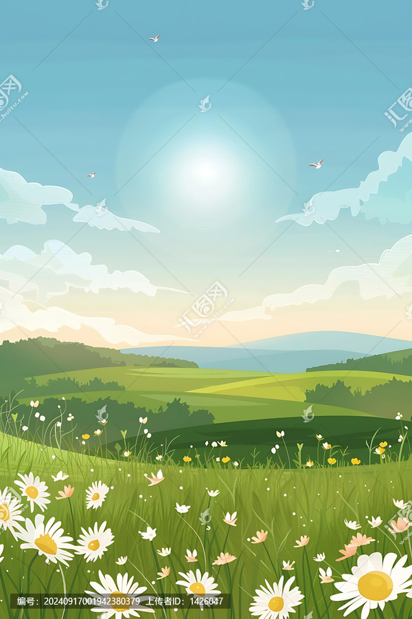 夏季綠色草地和白色花朵景觀