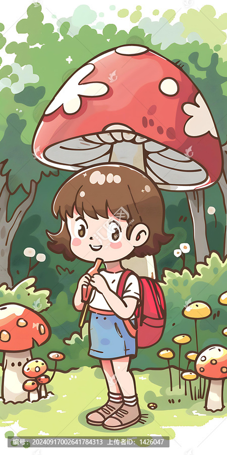 女孩在森林里采蘑菇