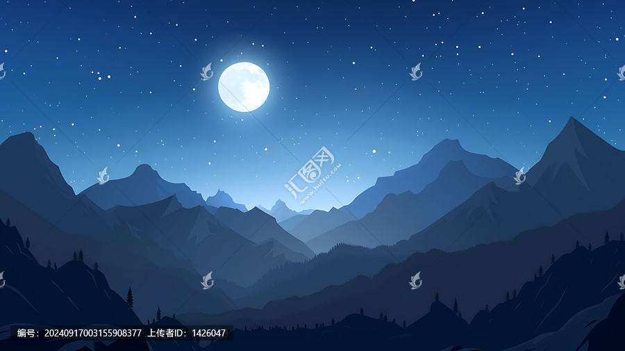 夜空下滿月下的山脈與樹木剪影