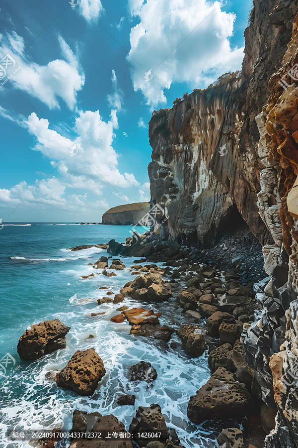 海岸邊懸崖峭壁，藍(lán)天白云