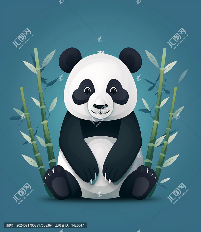 卡通可愛熊貓寶寶坐在竹林里