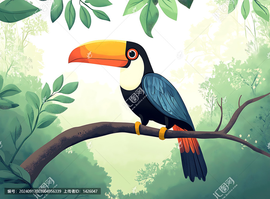 綠葉叢林中樹枝上的巨嘴鳥