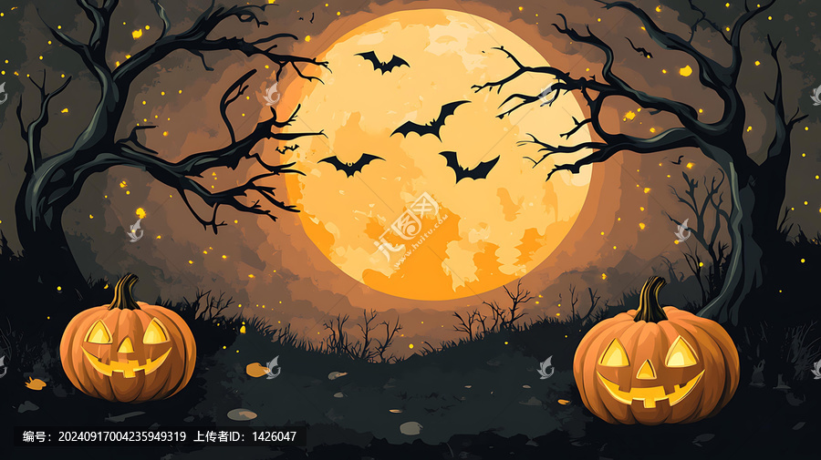 萬圣節(jié)南瓜燈，滿月和蝙蝠