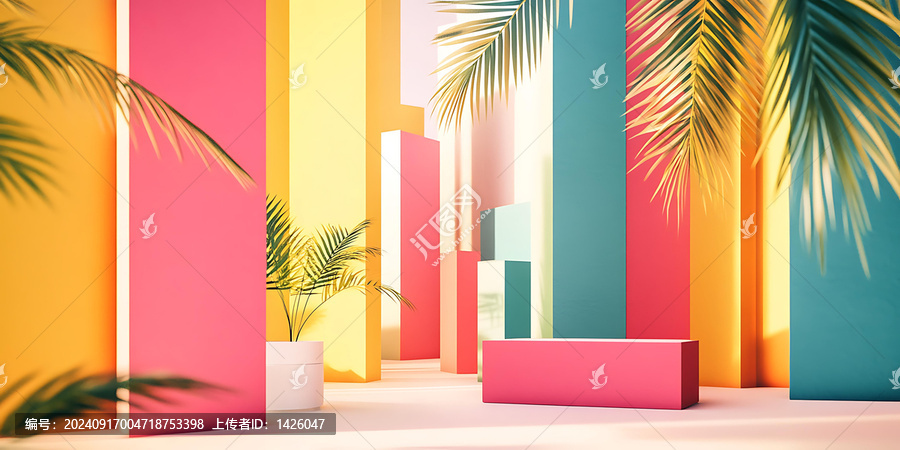 色彩斑斕的墻壁和棕櫚葉的夏季極簡主義背景