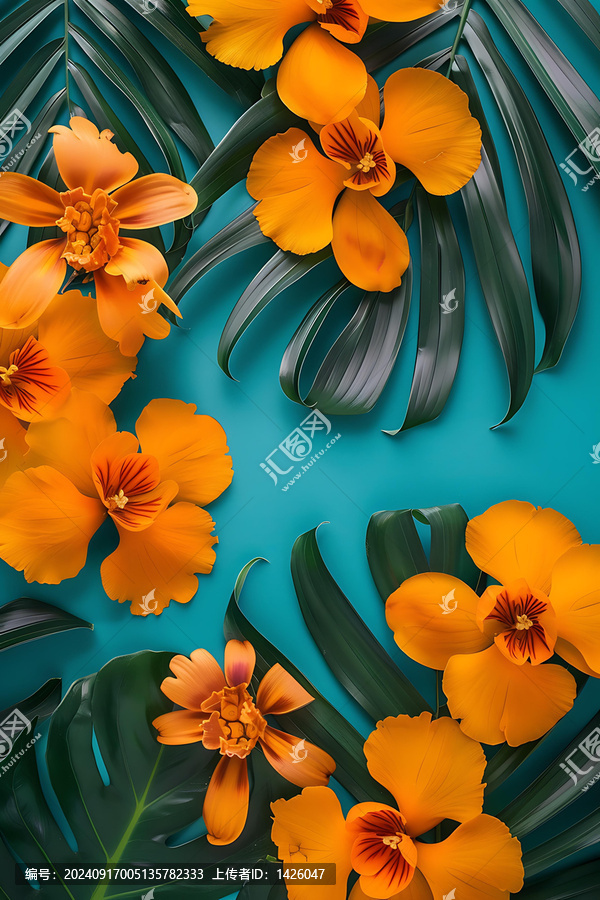 藍(lán)色背景上的熱帶花卉排列