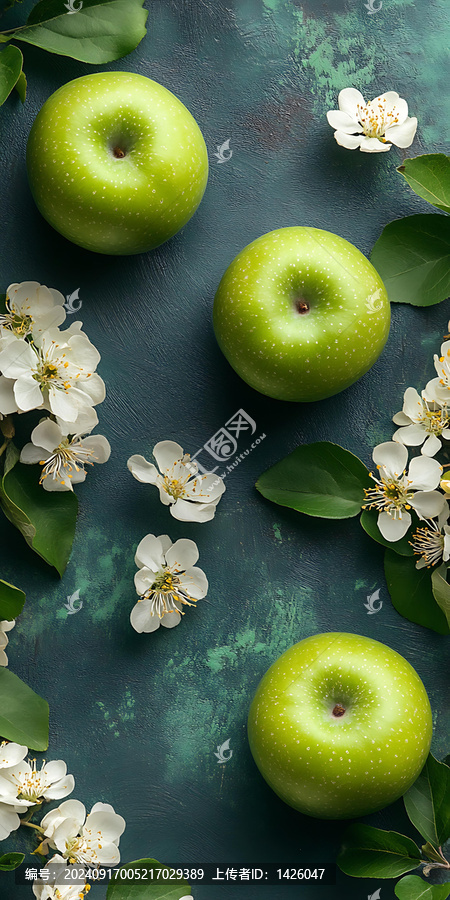 綠色蘋(píng)果和白色花朵的背景