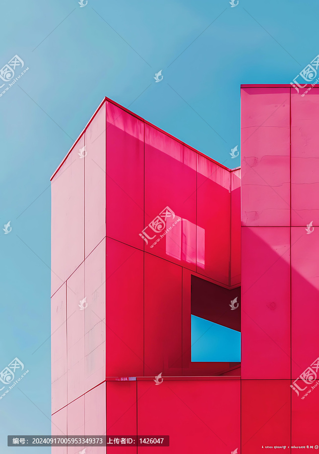 粉紅色建筑的藍(lán)色天空窗戶