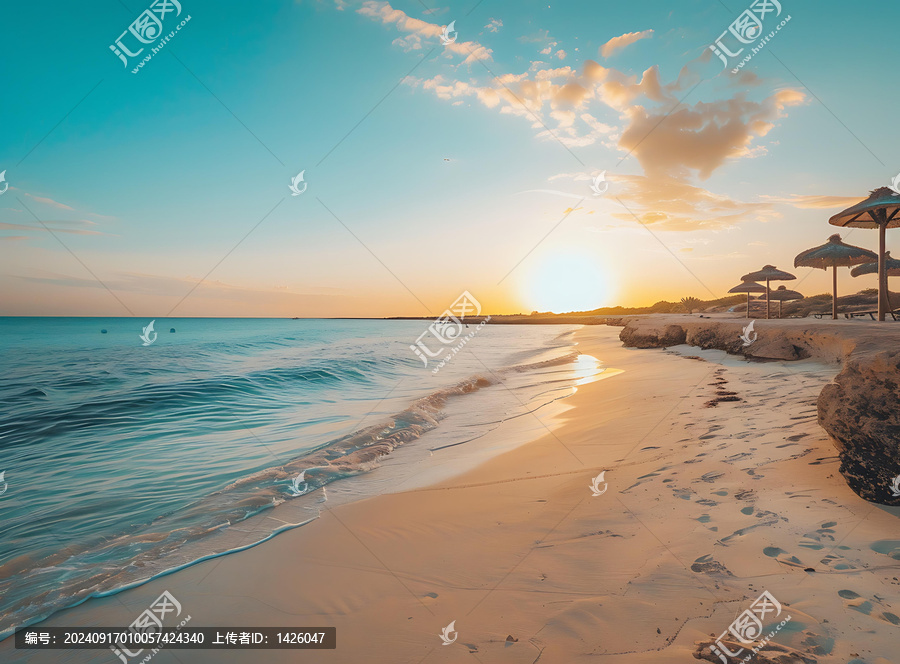 海灘日落,黃昏沙灘,海景