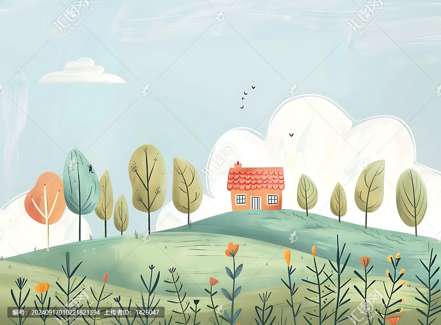 可愛的小屋，樹木和鮮花