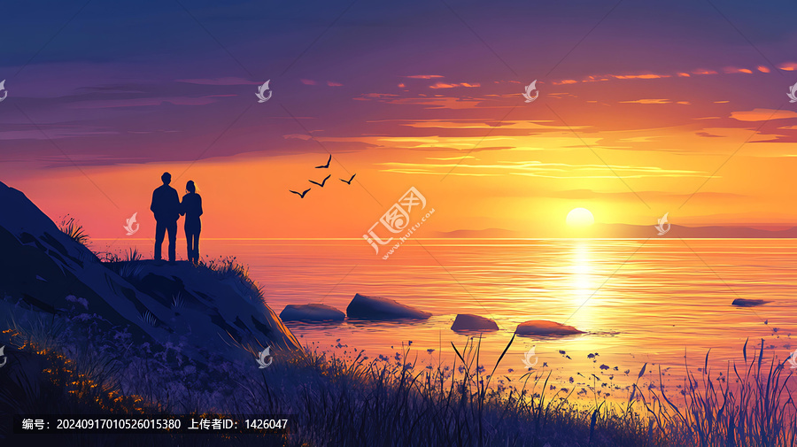 情侶在海邊觀賞日落剪影