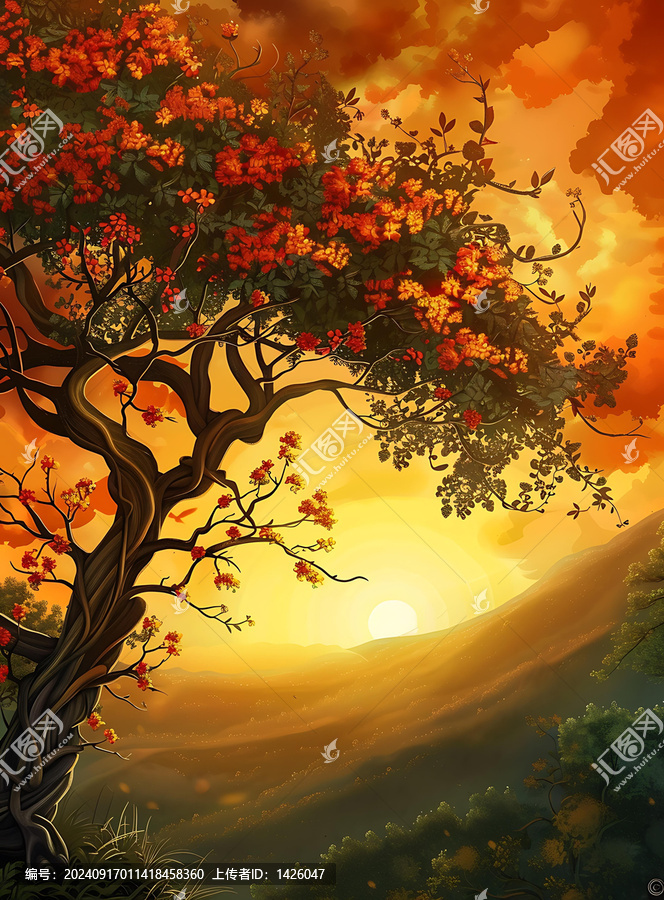 夕陽西下，繁花盛開