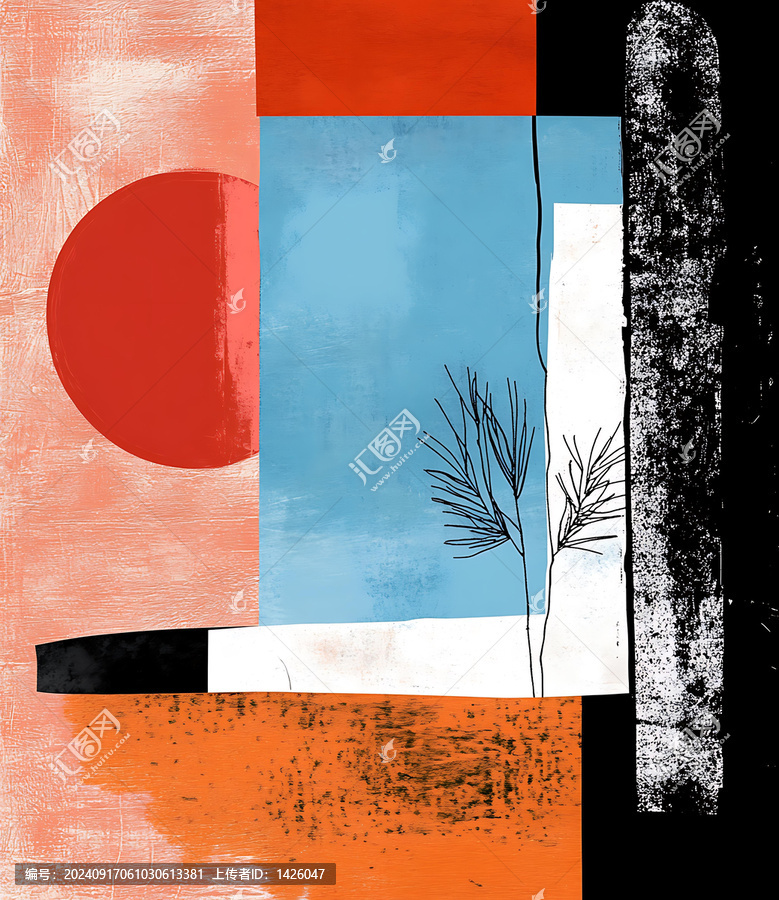 抽象幾何藝術(shù)作品，紅色圓形，藍色背景，樹枝