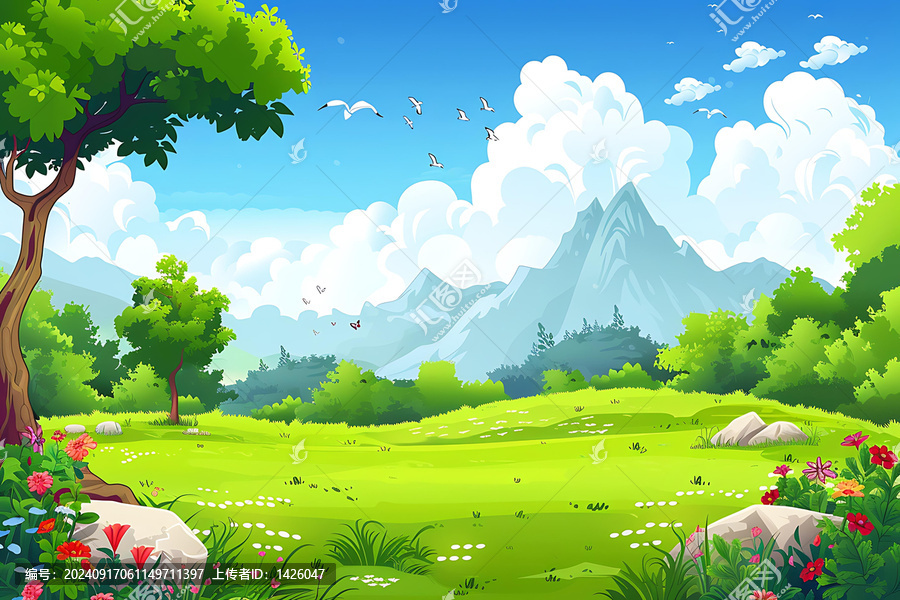 綠色山脈背景的草地風(fēng)景