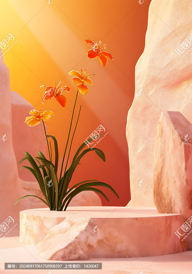 簡(jiǎn)約風(fēng)格的石頭平臺(tái)上的橙色花卉