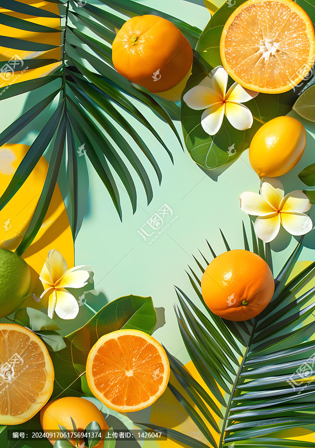 夏季水果和綠葉熱帶背景