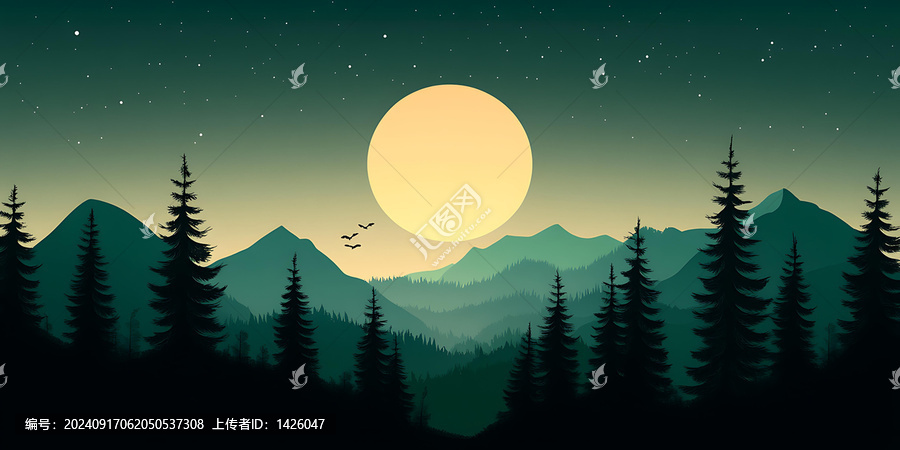 夜晚星空下的山脈與森林