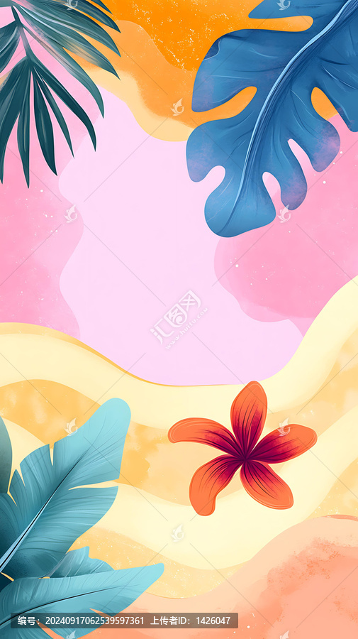 熱帶夏季背景藍(lán)色和綠色棕櫚葉