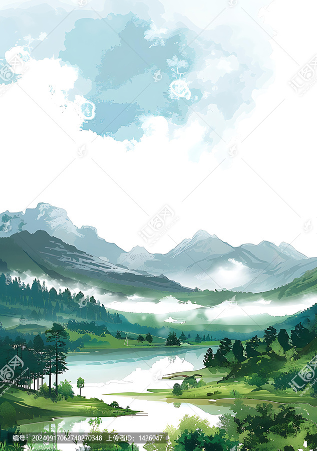 水彩山湖風(fēng)景畫