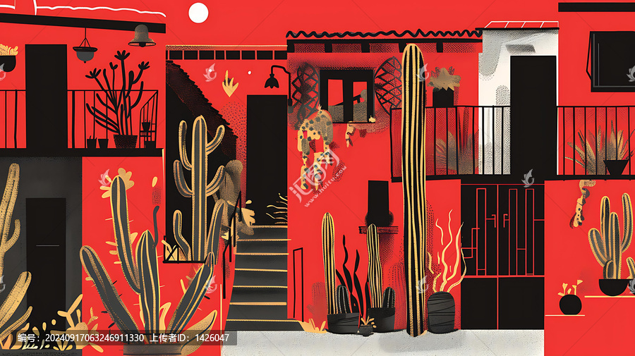 紅色建筑仙人掌