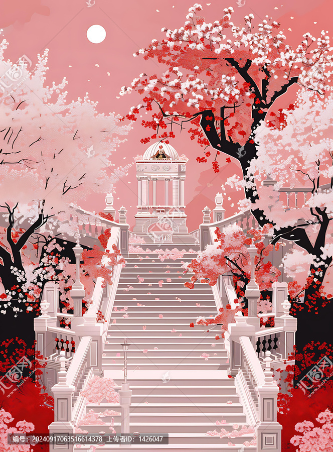 粉色的櫻花花園石階