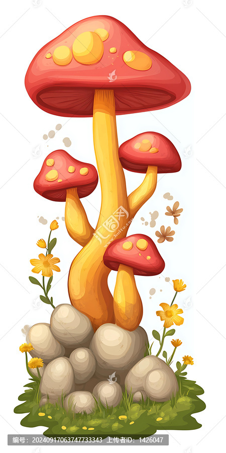 紅色和黃色蘑菇生長在巖石上的卡通