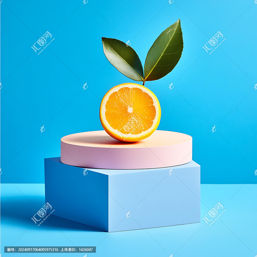 藍(lán)色背景上的幾何平臺(tái)上的橙子切片