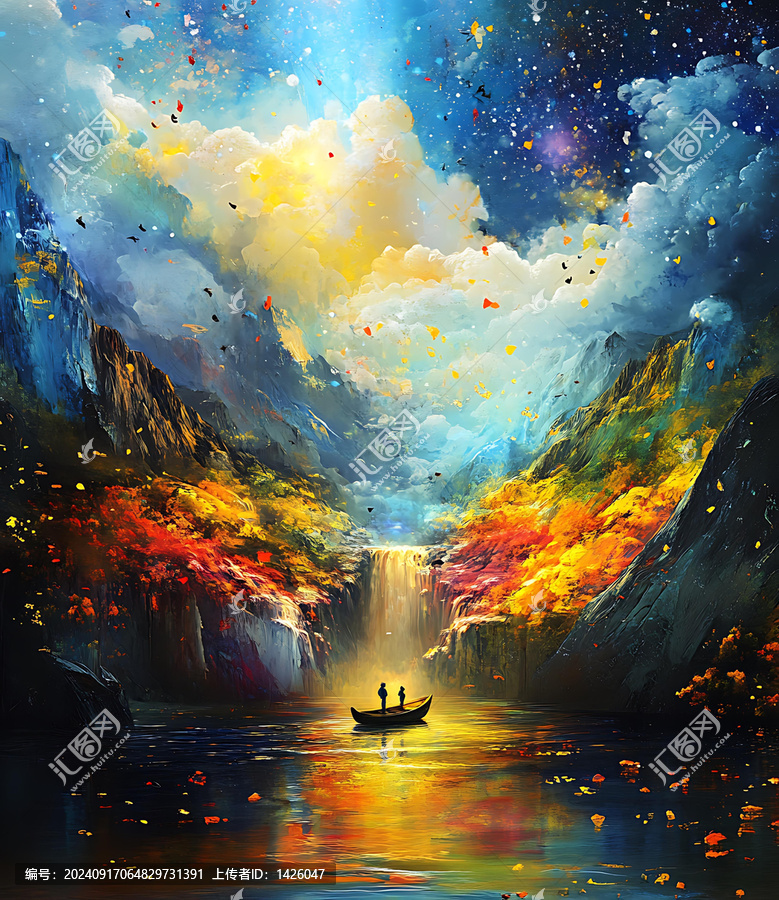 夢(mèng)幻瀑布景觀與情侶劃船
