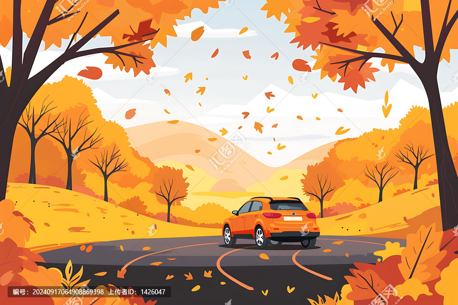 秋季風(fēng)景，汽車和落葉