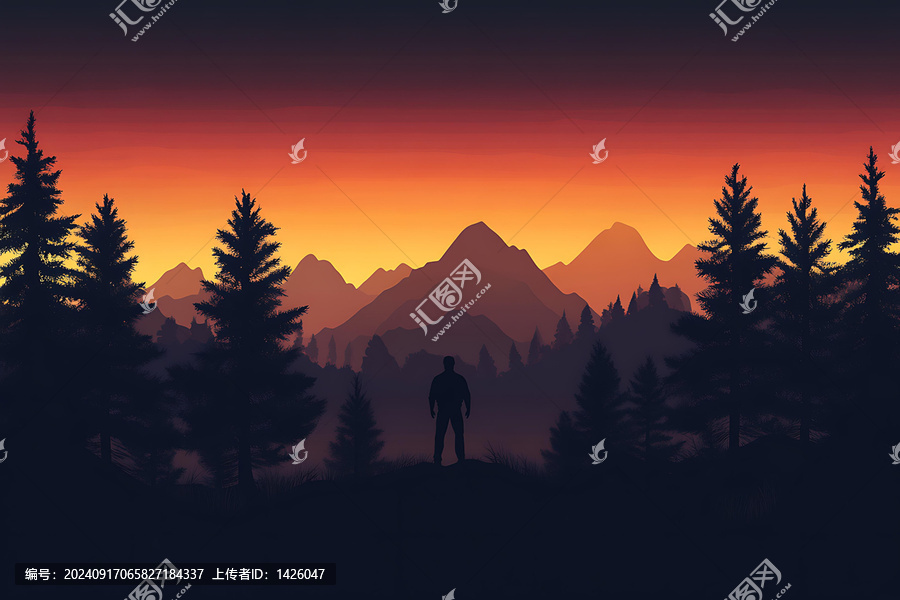 夕陽(yáng)下，山脈前站立的人影