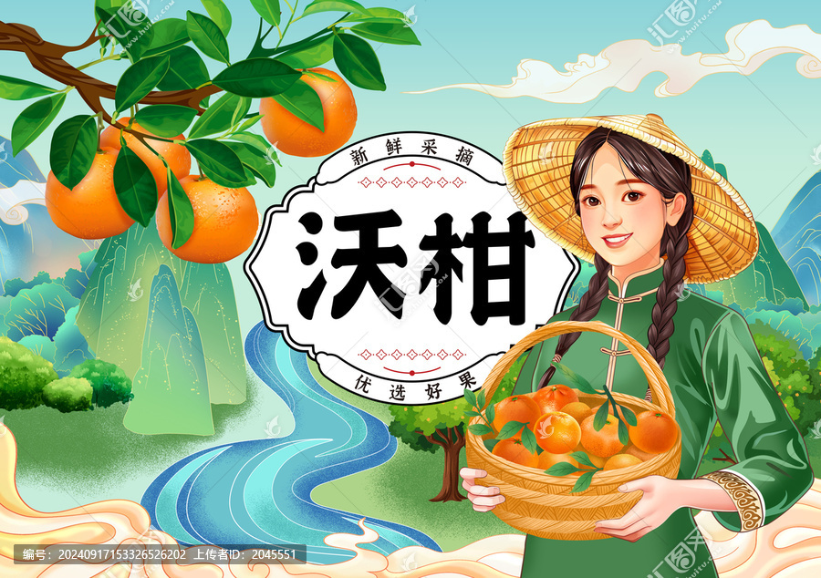 沃柑包裝禮盒國潮手繪插畫